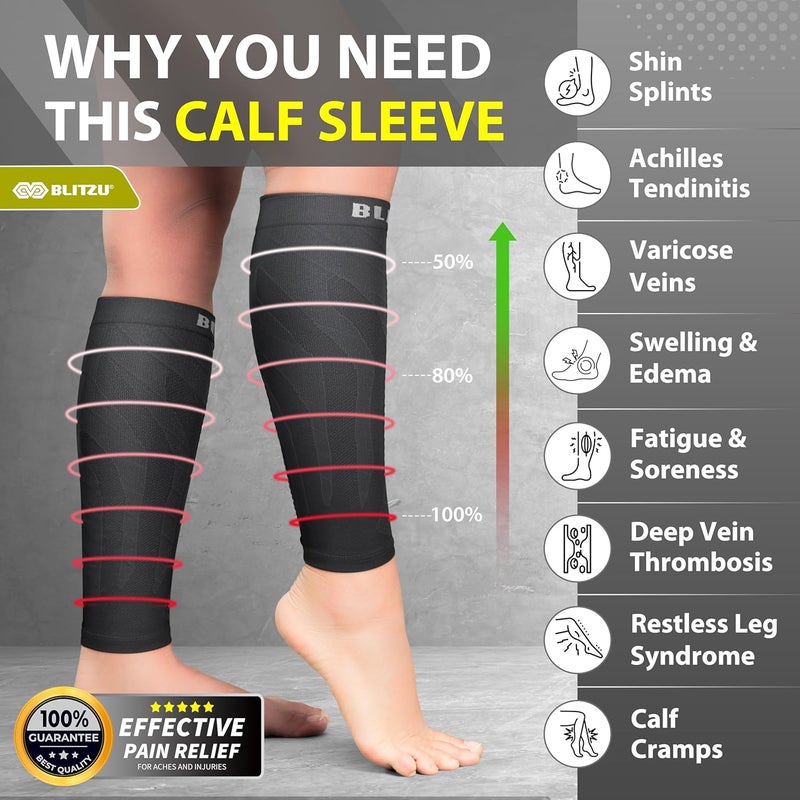 BLITZU 3 Pairs Calf Compression Sleeves for Men and Women. Footless Compression Socks & Leg Support for Running, Travel, Nursing, Fitness. Shin Splints Pain Relief & Reduce Swelling Black XXL - Image 2